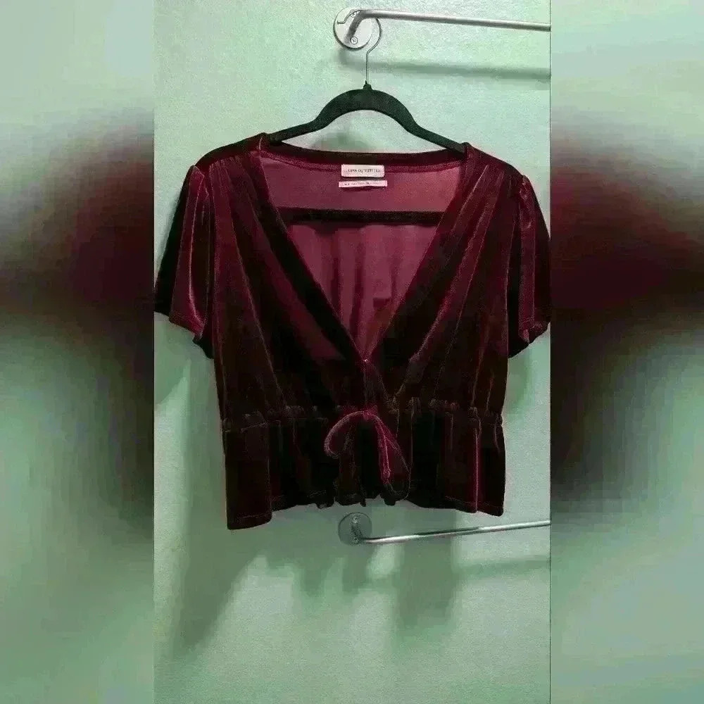 Urban Outfitters Burgundy Velvet Tie Top